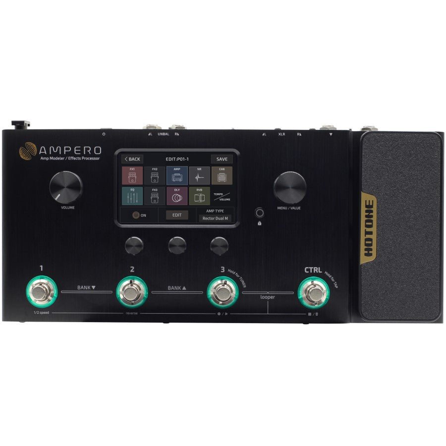 Hotone Ampero amp modeler, front view of touchscreen patch view and green-lit footswitches