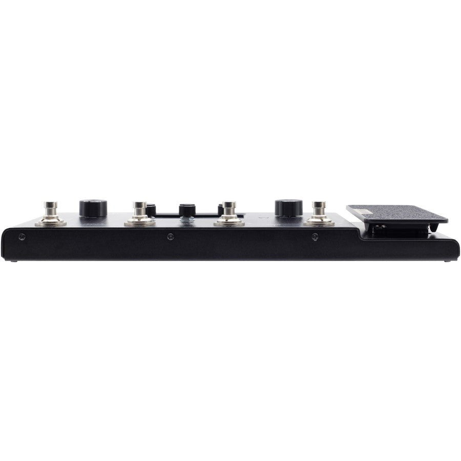 Hotone Ampero amp modeler, side profile showing top jack row and expression pedal edge