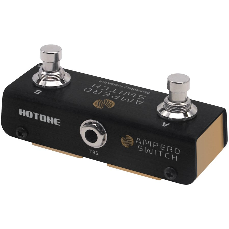Hotone Ampero Switch dual footswitch, angled view showing footswitches and TRS input jack