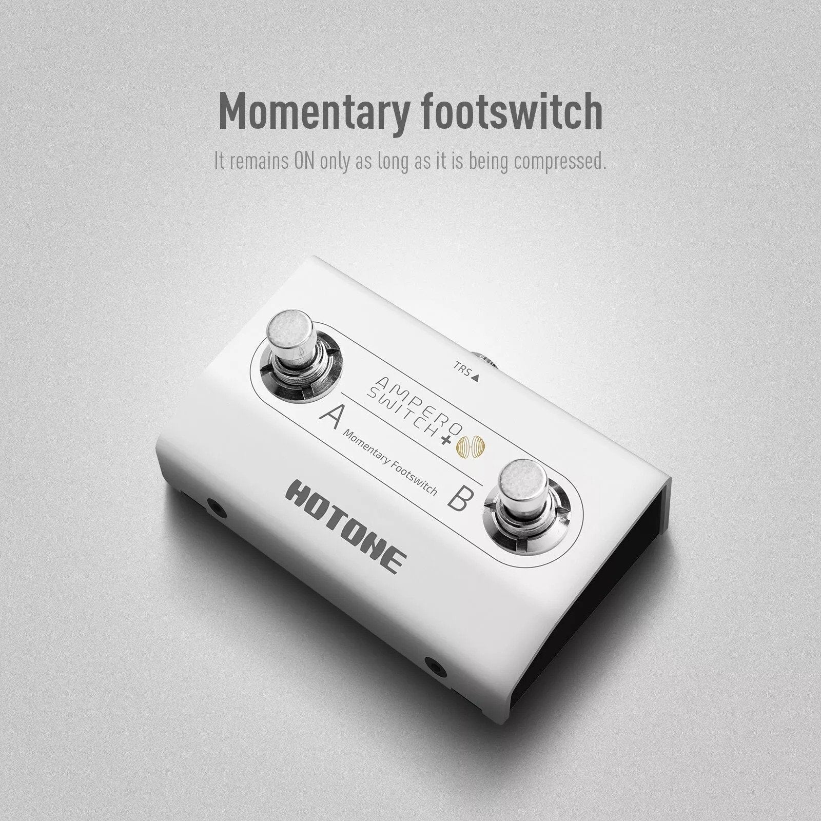 Hotone FS-2 Ampero Switch+ marketing graphic explaining momentary footswitch operation