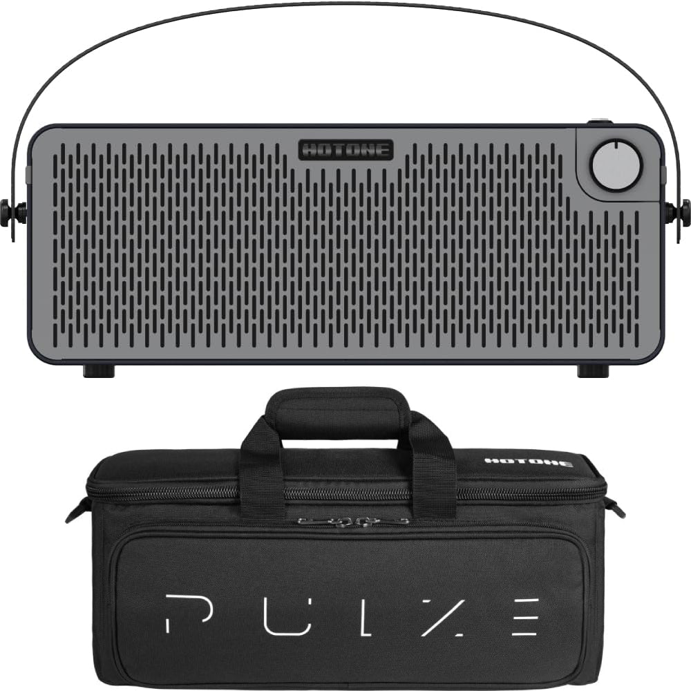 Hotone Pulze amplifier shown together with its matching padded gig bag bundle