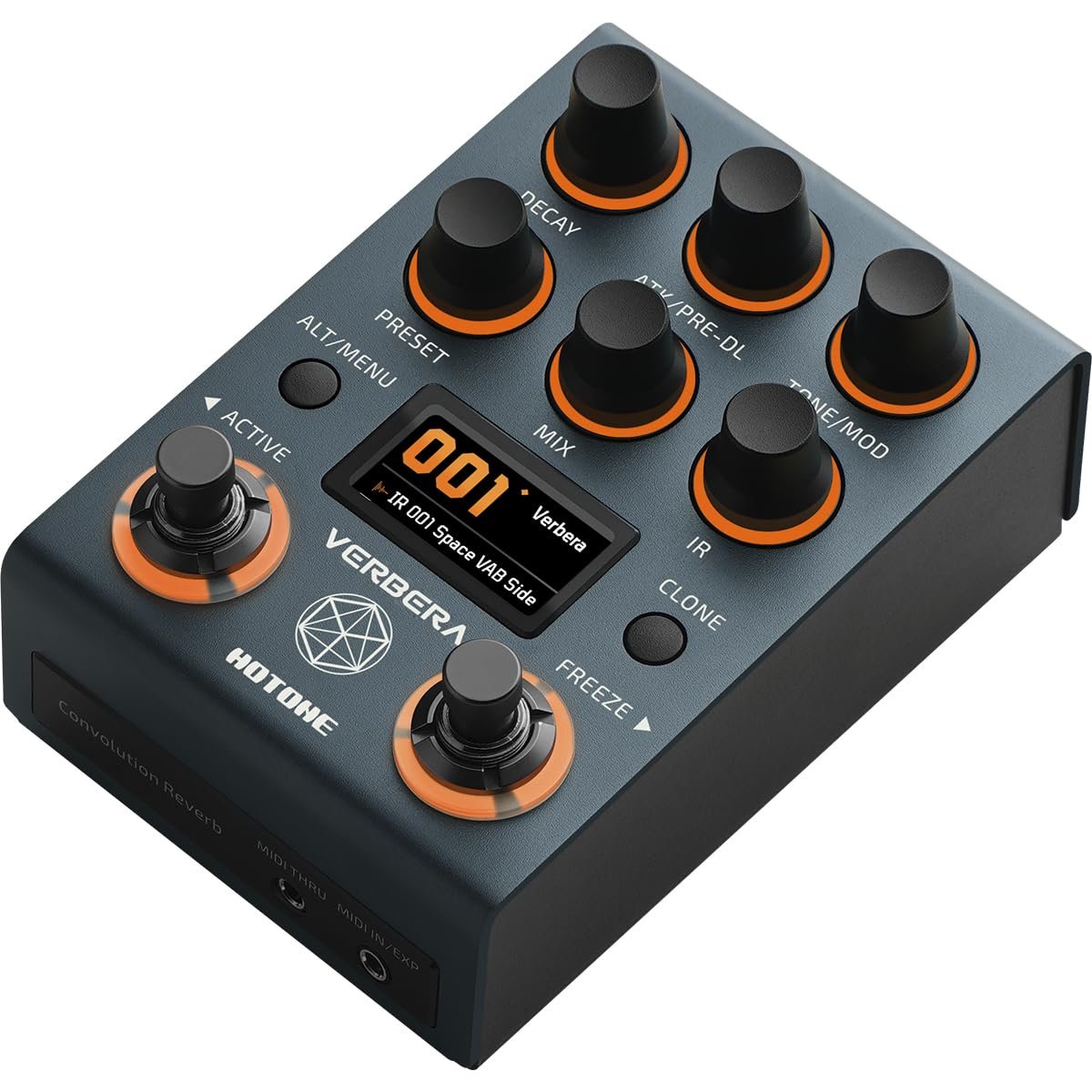 Hotone Verbera NC-200 reverb pedal, top-down view of all six control knobs and display