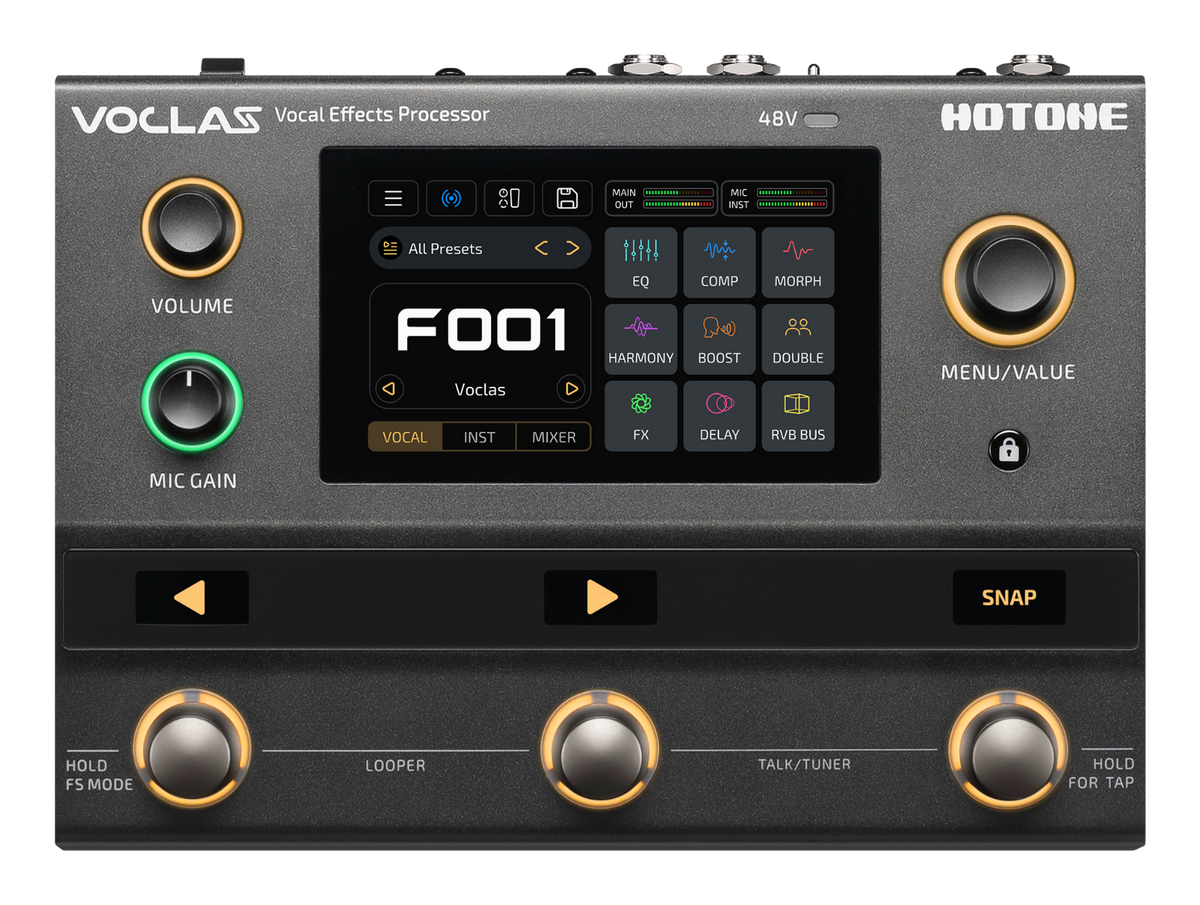 Hotone Voclas VE-300 vocal effects processor, front view with the color touchscreen on showing preset F001, VOLUME, MIC GAIN and MENU/VALUE knobs and three lit footswitches