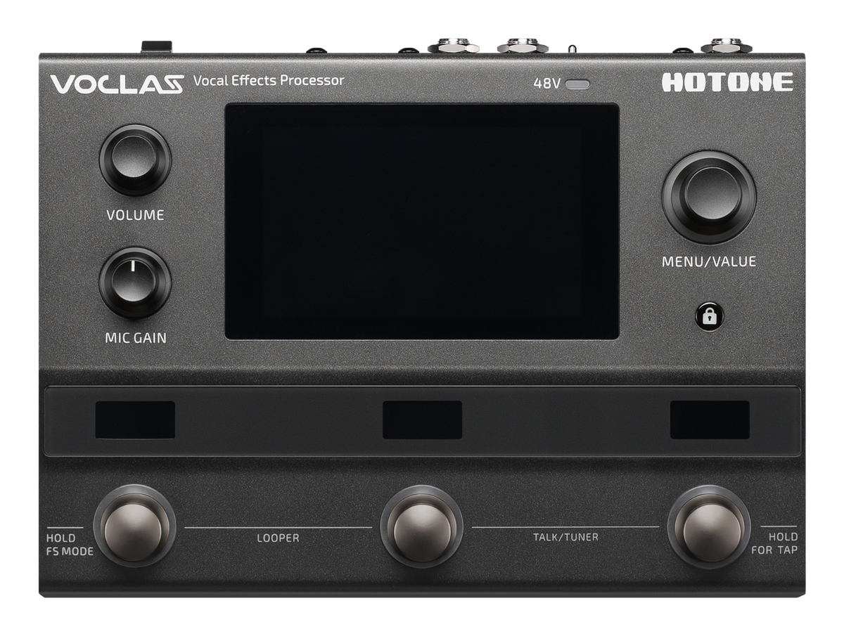 Hotone Voclas VE-300 vocal effects processor, front view with the screen off, showing the VOLUME, MIC GAIN and MENU/VALUE knobs and three footswitches
