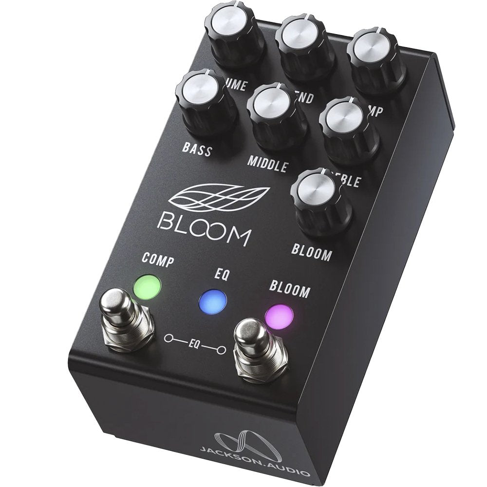 Jackson Audio Bloom V2 MIDI Black Compressor/EQ/Boost, Angled three-quarter view of the black Bloom V2 MIDI enclosure showing the top panel and control layout.