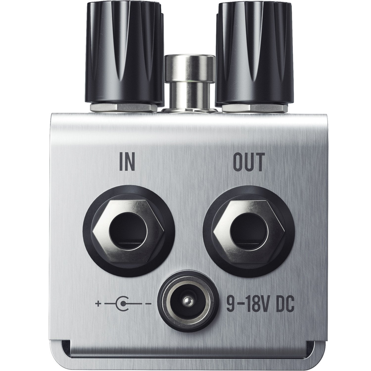 Jackson Audio Blossom Optical Compressor, Rear/top view of the Blossom showing the top-mounted connections: In, Out, and 9-18V DC.