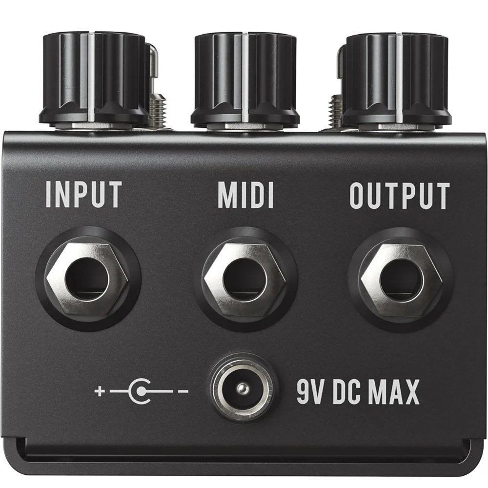 Jackson Audio Broken Arrow V2 MIDI Overdrive with Boost, Rear/top view of the Broken Arrow V2 showing the top-mounted connections: Input, MIDI, Output, and 9V DC.