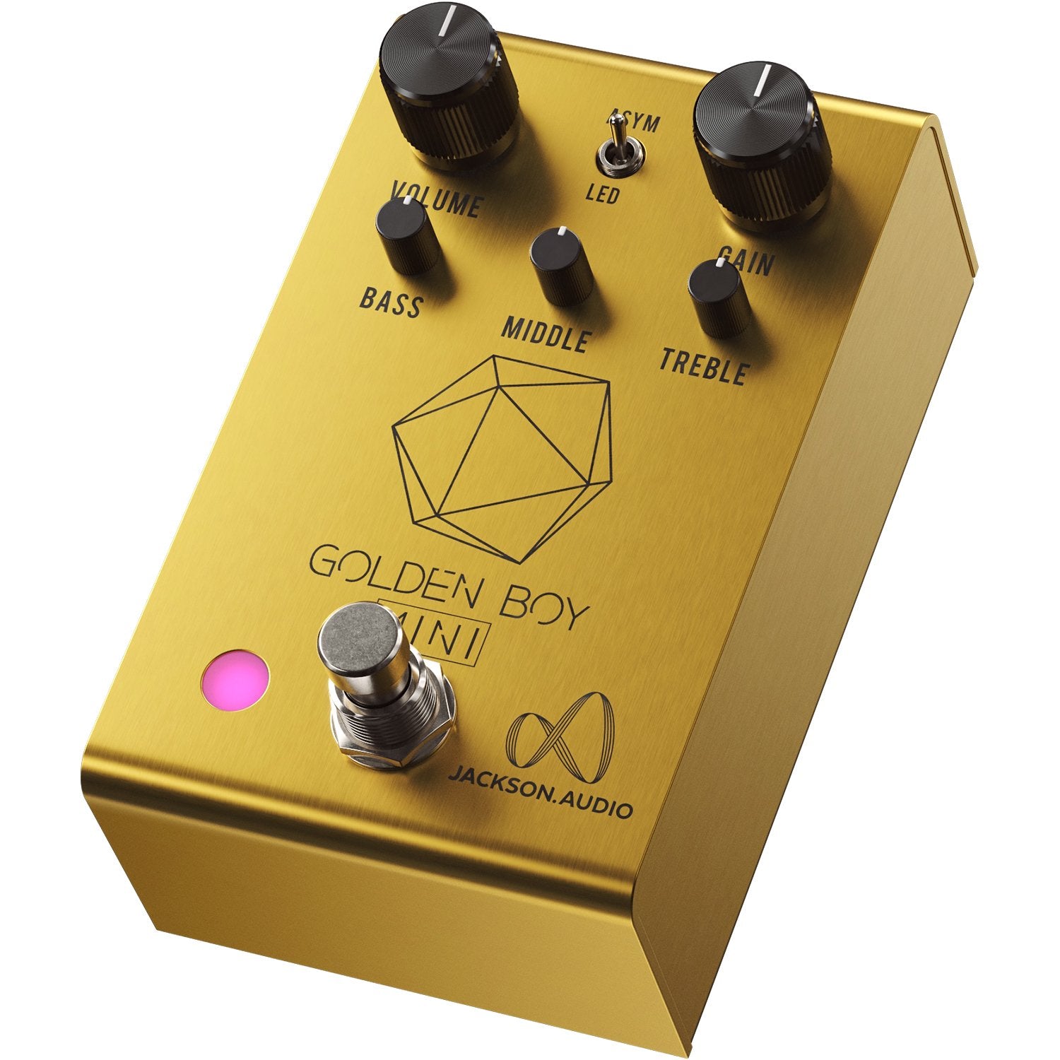 Jackson Audio Golden Boy Mini Transparent Overdrive, Angled three-quarter view of the gold Golden Boy Mini enclosure showing the top panel and compact control layout.