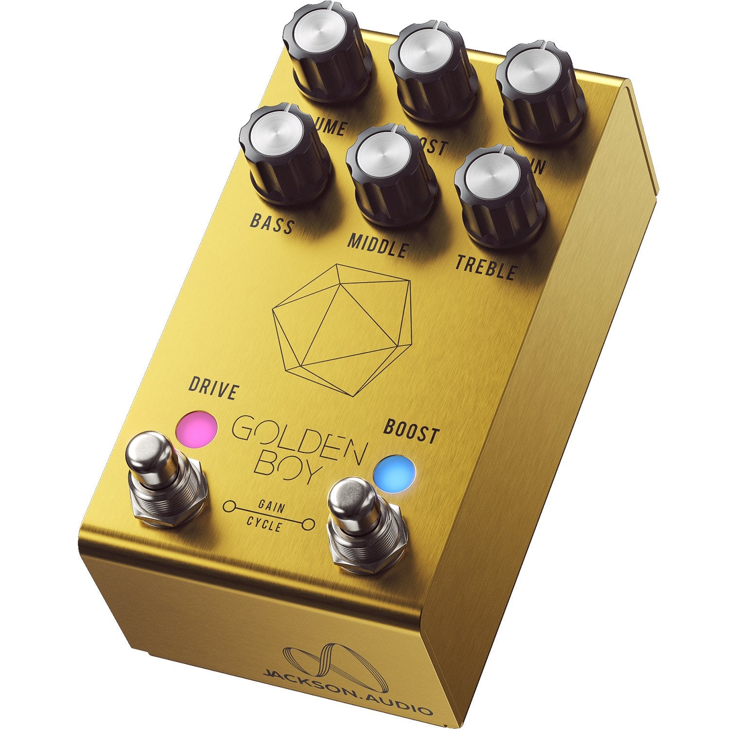 Jackson Audio Golden Boy MIDI Transparent Overdrive, Angled three-quarter view of the gold Golden Boy enclosure showing the top panel and control layout.