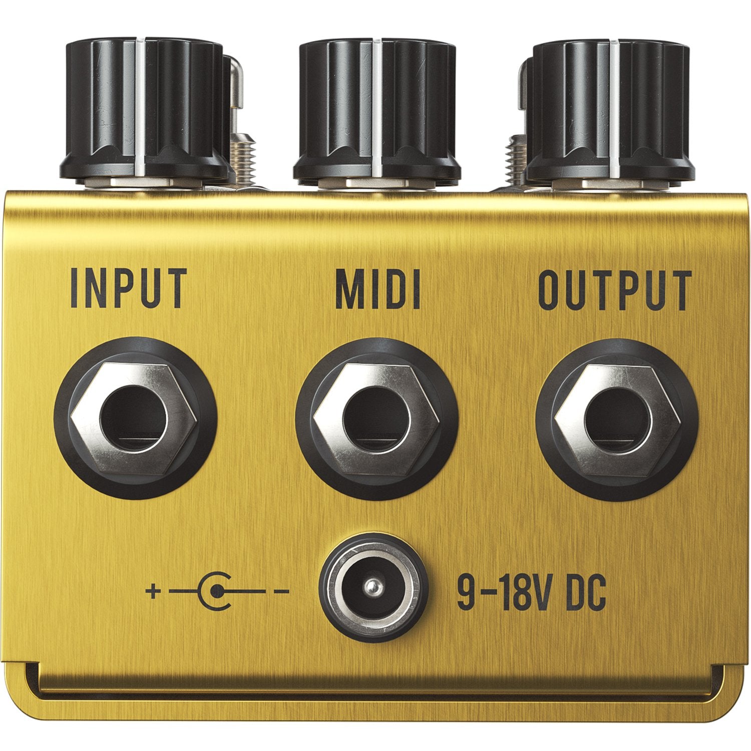 Jackson Audio Golden Boy MIDI Transparent Overdrive, Rear/top view of the Golden Boy showing the top-mounted connections: Input, MIDI, Output, and 9-18V DC.