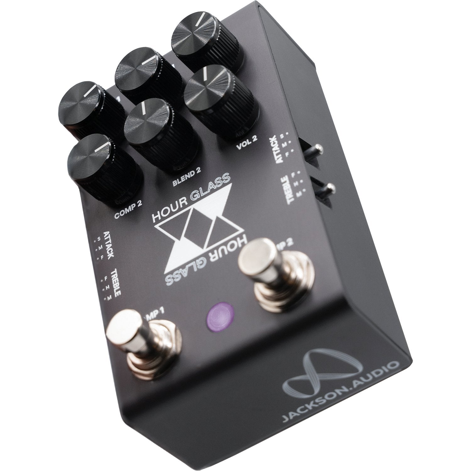 Jackson Audio Hour Glass Analog Dual Compressor Pedal, Angled three-quarter view of the black Hour Glass enclosure showing the top panel and dual-circuit control layout.