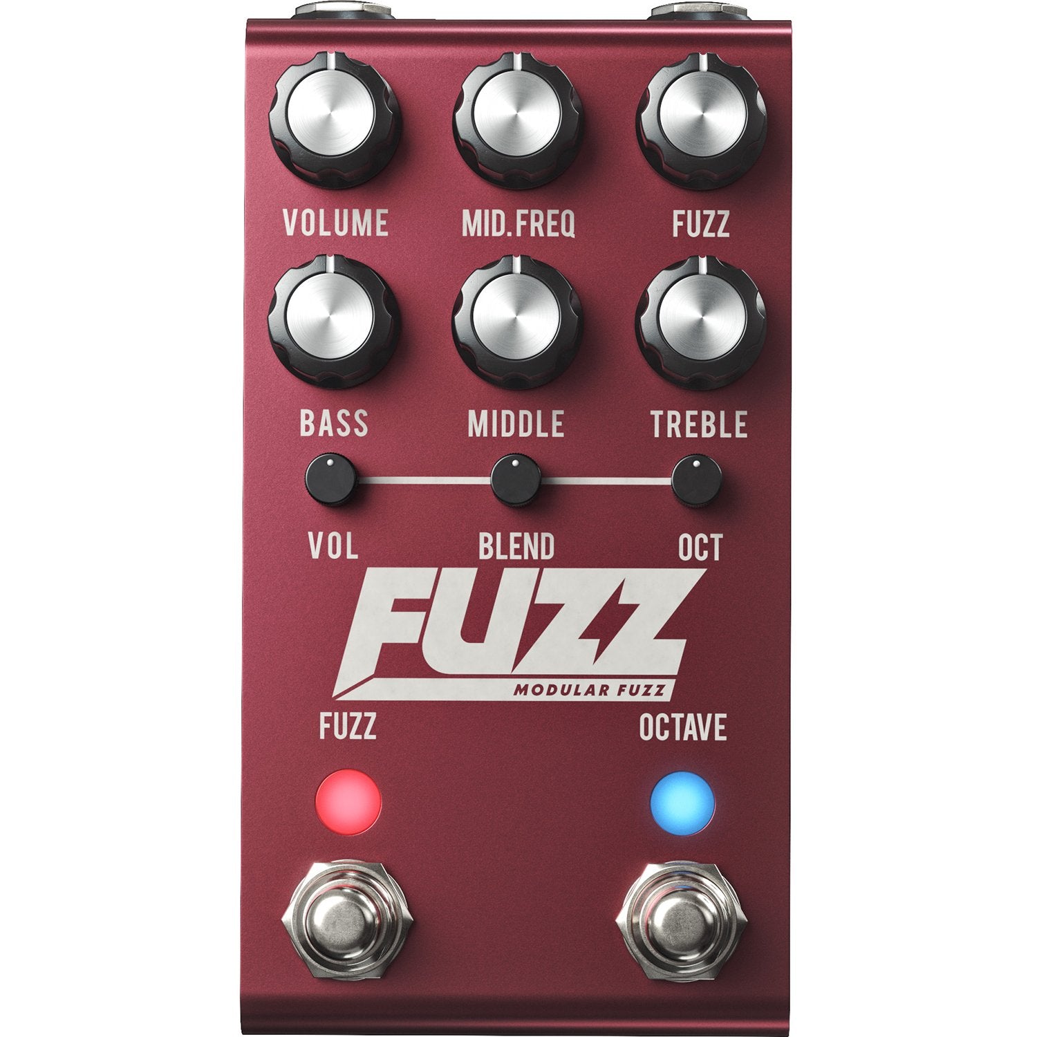 Jackson Audio Modular Fuzz with 6 Swappable Circuits, Straight-on front view of the red Modular Fuzz enclosure showing the parametric EQ controls and octave section.