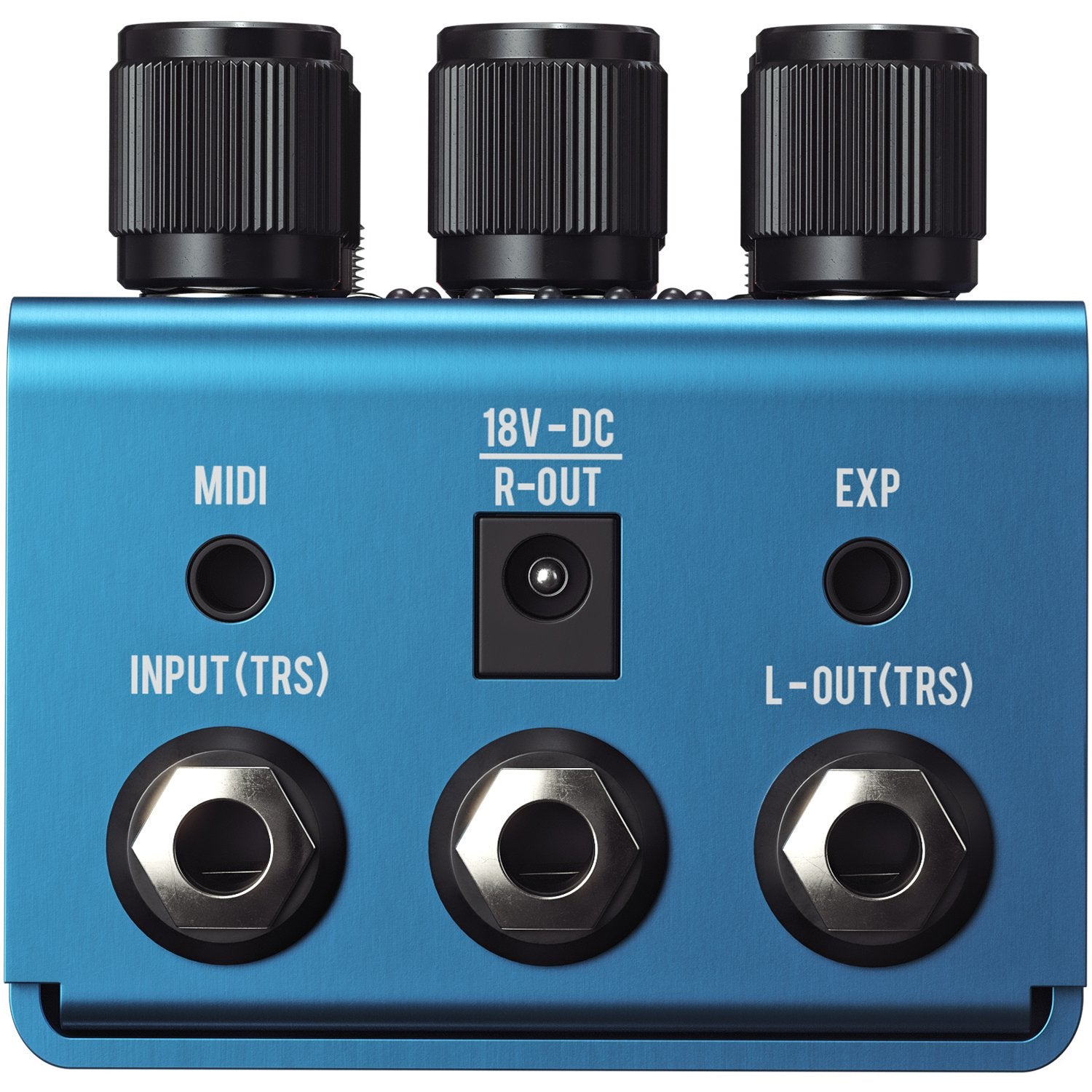 Jackson Audio New Wave Analog Chorus/Vibrato Pedal, Rear/top view of the New Wave showing the top-mounted connections: INPUT (TRS), MIDI, 18V DC, R-OUT, L-OUT (TRS), and EXP.