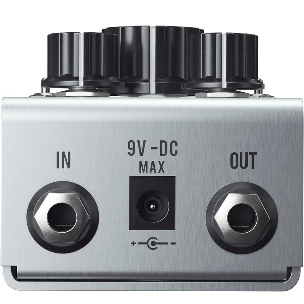 Jackson Audio Prism Buffer/Boost/Preamp/EQ Pedal, Rear/top view of the Prism showing the top-mounted connections: In, Out, and 9V DC max.