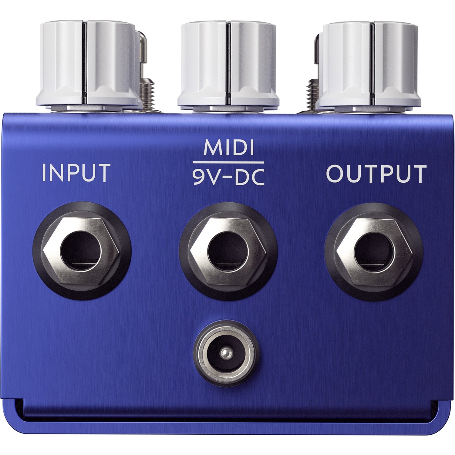 Jackson Audio The Optimist Cory Wong Signature Dual Overdrive, Rear/top view of the Optimist showing the top-mounted connections: Input, MIDI, 9V DC, and Output.