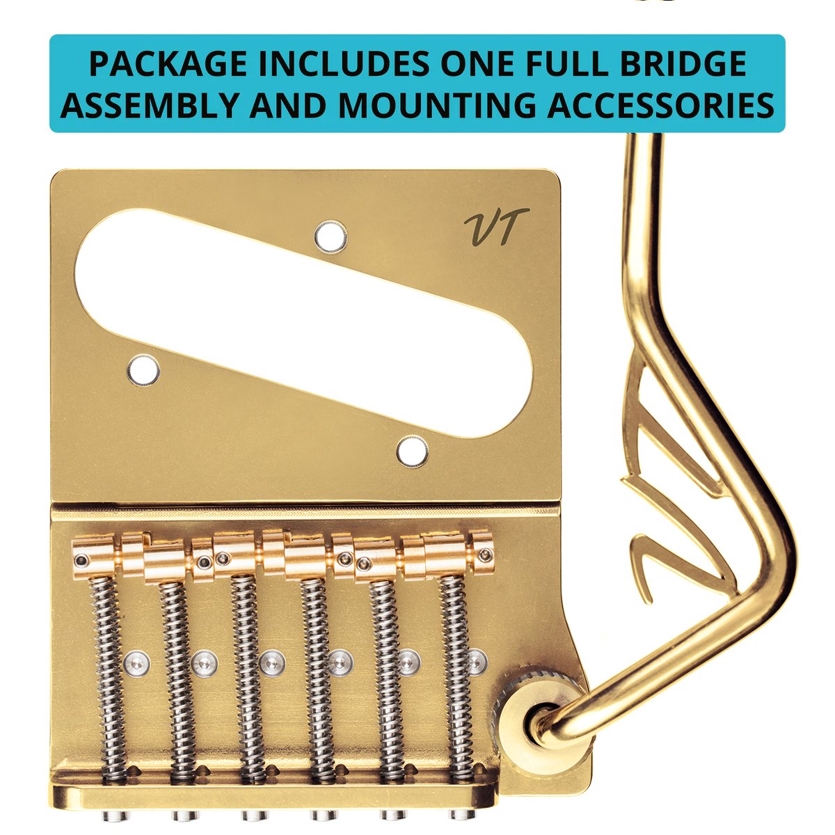 Vega-Trem VT2ND TeleTrem Modern Gold — No-Drill Tremolo for Telecaster-Style Guitars (Modern 66 mm Layout), Patented 3-Pair Independent Brass Saddles, Tension-Adjustable