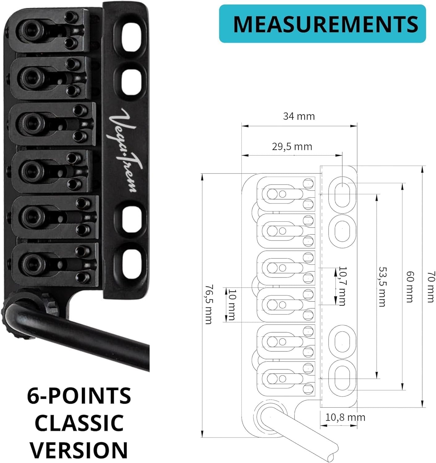 Vega-Trem VT1 Special Standard 6-Screw Stratocaster Guitar Tremolo Bridge For Strat No Mods Easy Installation (Black, Right)