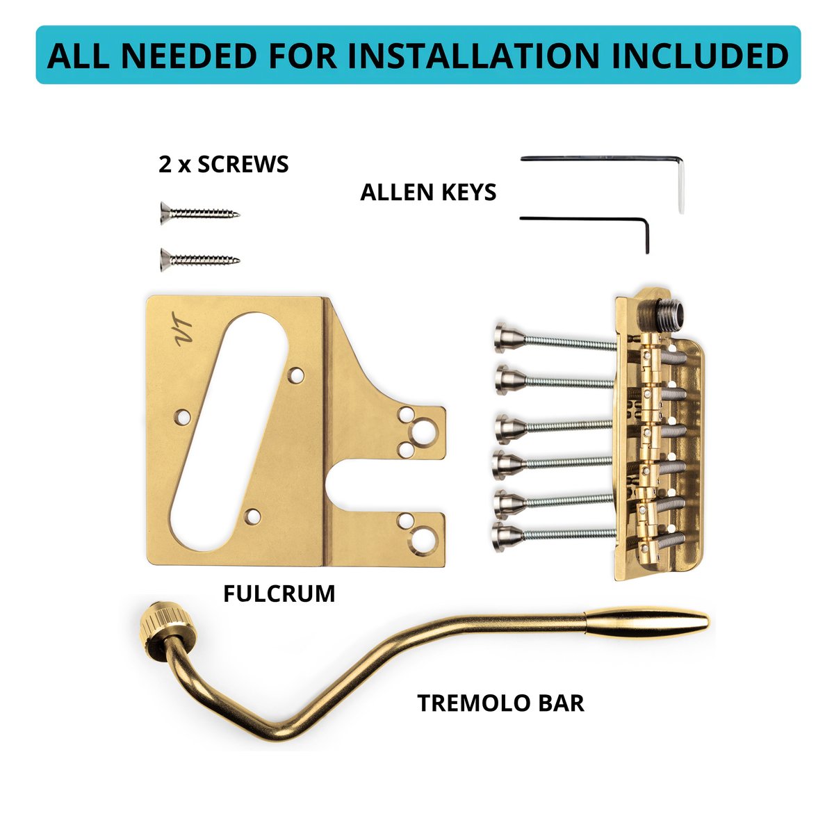 Vega-Trem VT2ND TeleTrem Modern Gold w/out Logo — No-Drill Tremolo for Telecaster-Style Guitars (Modern 66 mm Layout), Patented 3-Pair Independent Brass Saddles, Tension-Adjustable