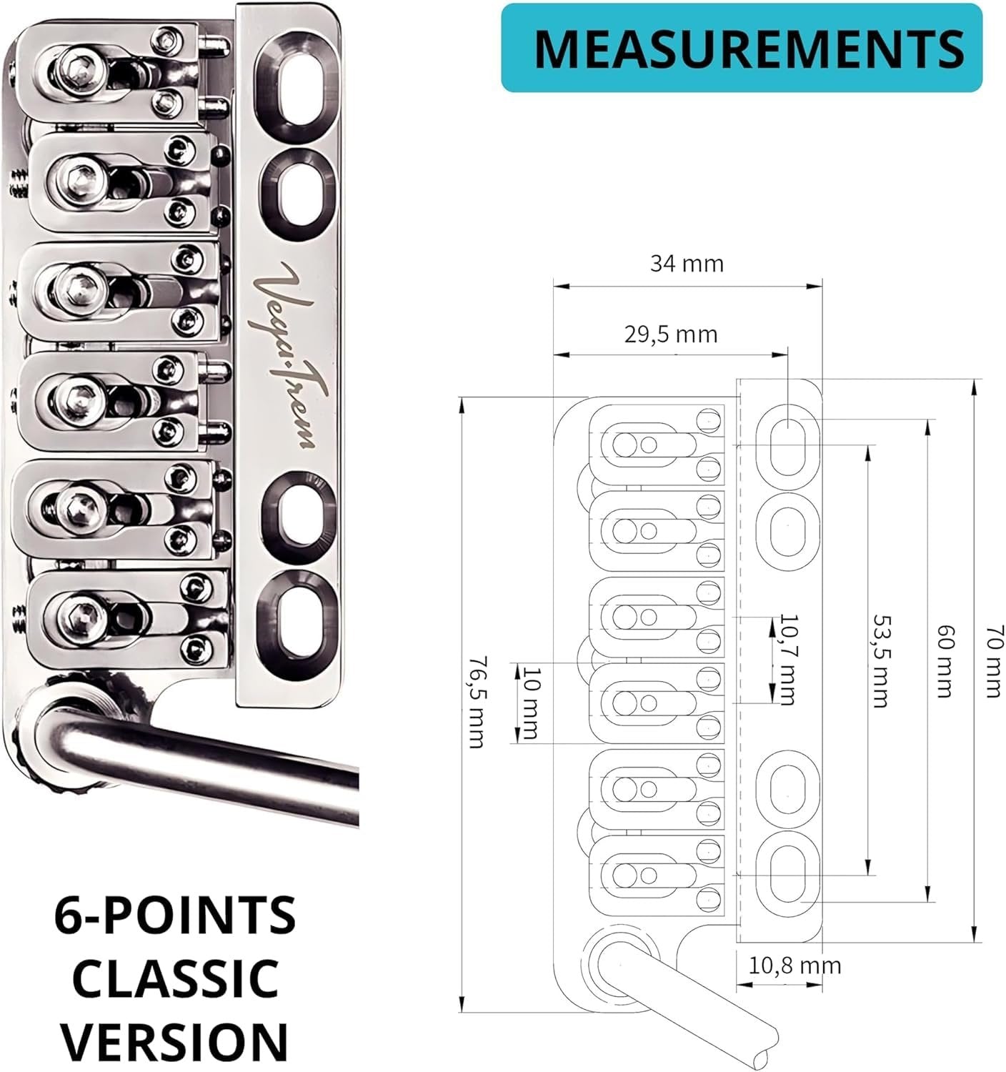 Vega-Trem VT1 Special Standard 6-Screw Stratocaster Guitar Tremolo Bridge For Strat No Mods Easy Installation (Glossy, Right)