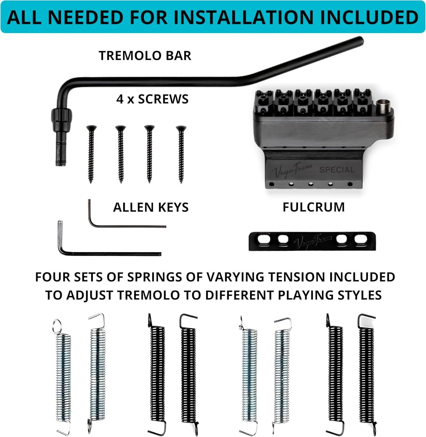 Vega-Trem VT1 Special Standard 6-Screw Stratocaster Guitar Tremolo Bridge For Strat No Mods Easy Installation (Black, Right)