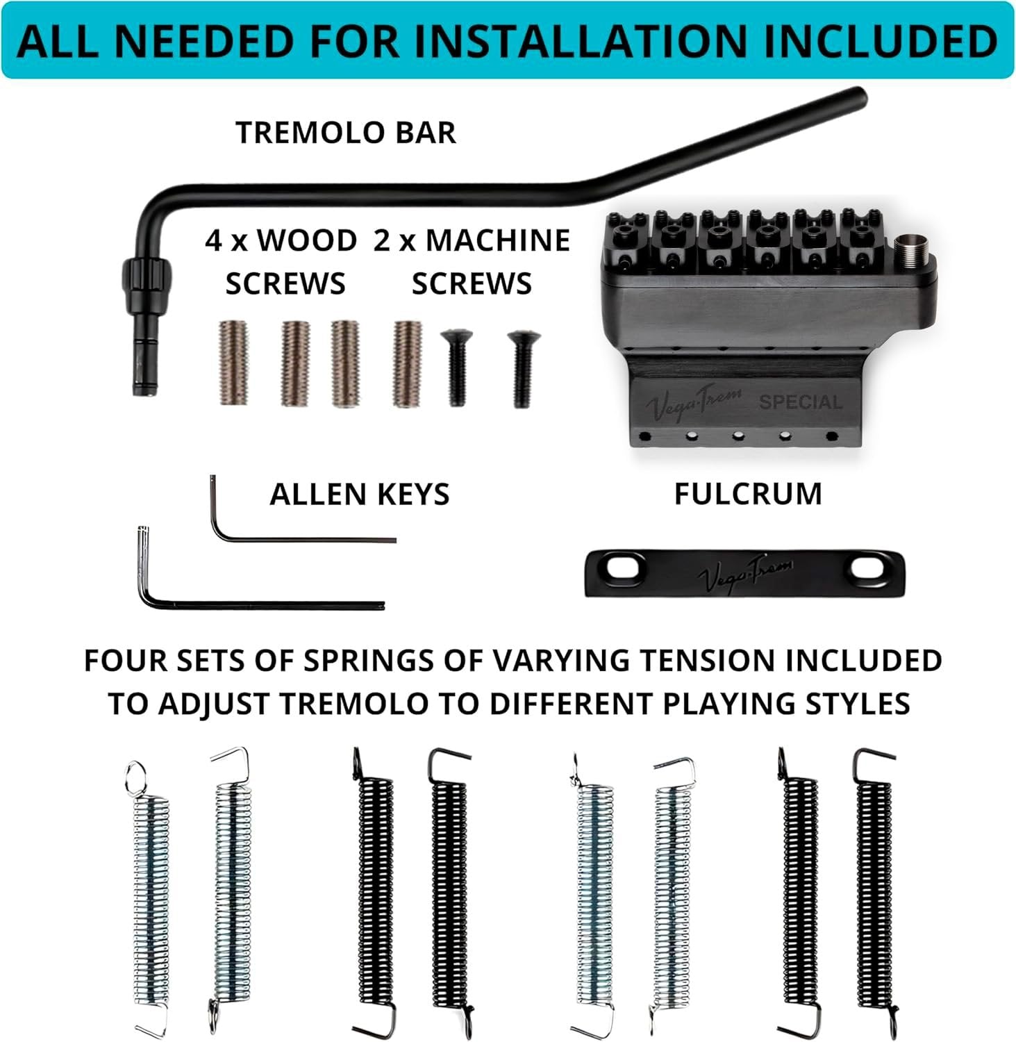 Vega-Trem VT1 Special 2-Points Stratocaster Guitar Tremolo Bridge For Strat No Mods Easy Installation (Black, Right)