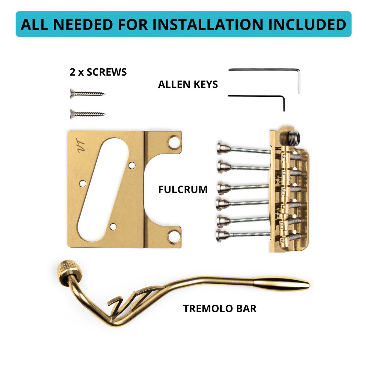 Vega-Trem VT2ND TeleTrem Classic Gold — No-Drill Tremolo for Telecaster-Style Guitars (Classic 71 mm Layout), Patented 3-Pair Independent Brass Saddles, Tension-Adjustable