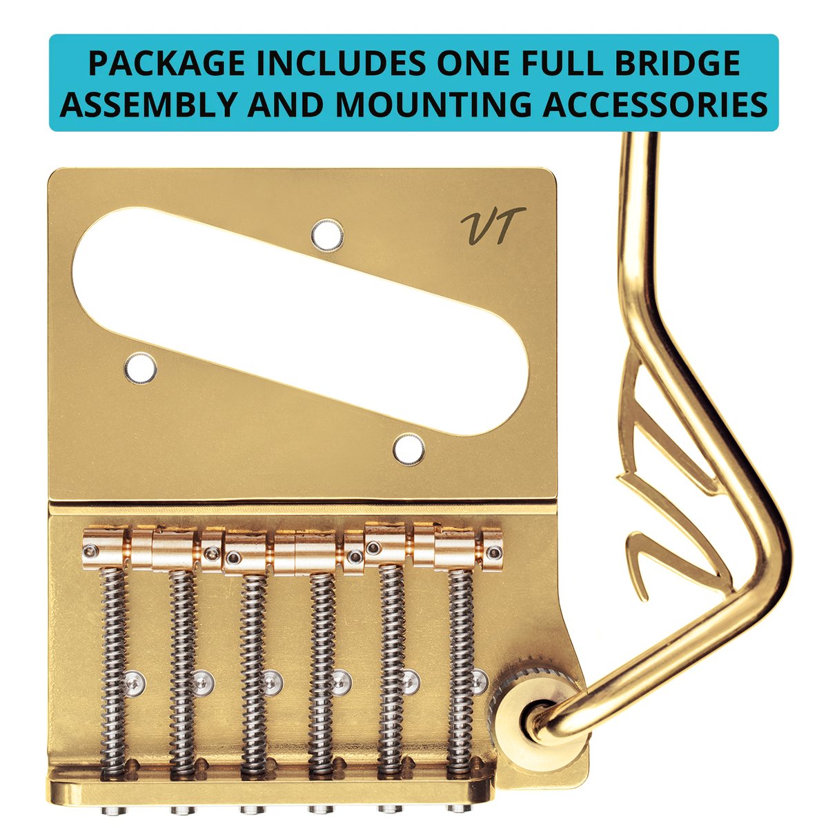 Vega-Trem VT2ND TeleTrem Classic Gold — No-Drill Tremolo for Telecaster-Style Guitars (Classic 71 mm Layout), Patented 3-Pair Independent Brass Saddles, Tension-Adjustable