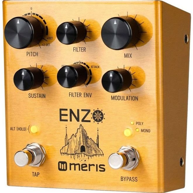 Meris Enzo synthesizer pedal viewed from an angled front perspective showing the top panel controls