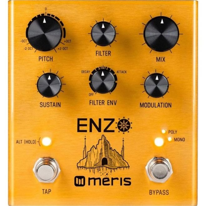 Meris Enzo synthesizer pedal, straight-on front view showing all six control knobs and footswitches