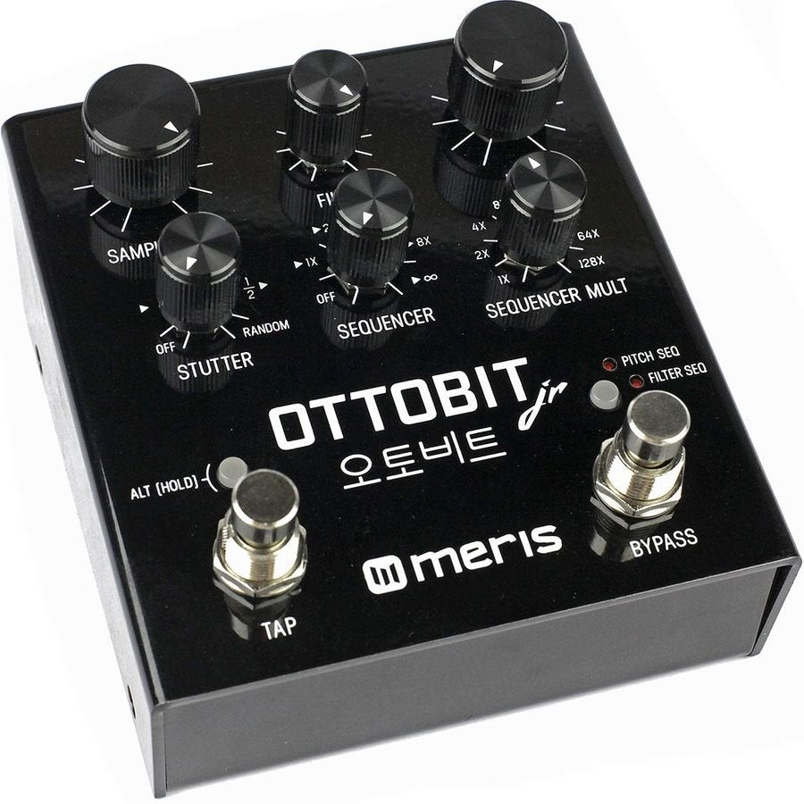 Meris Ottobit Jr. bitcrusher pedal in a three-quarter overhead view showing the pitch and filter sequencer LEDs