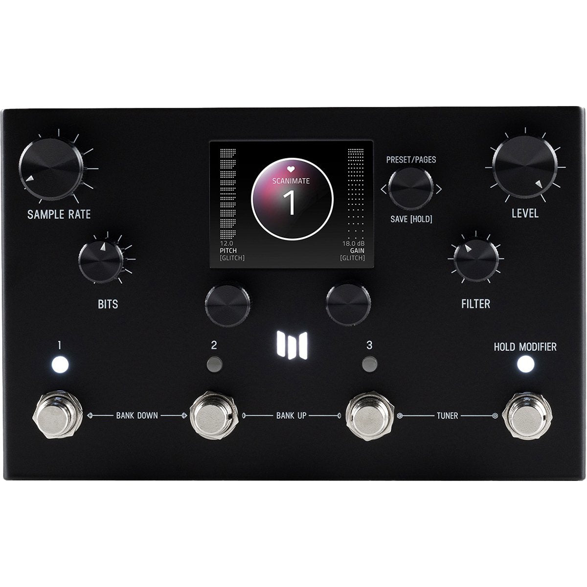 Meris Ottobit X bitcrusher pedal, straight-on front view showing the color display and control knobs