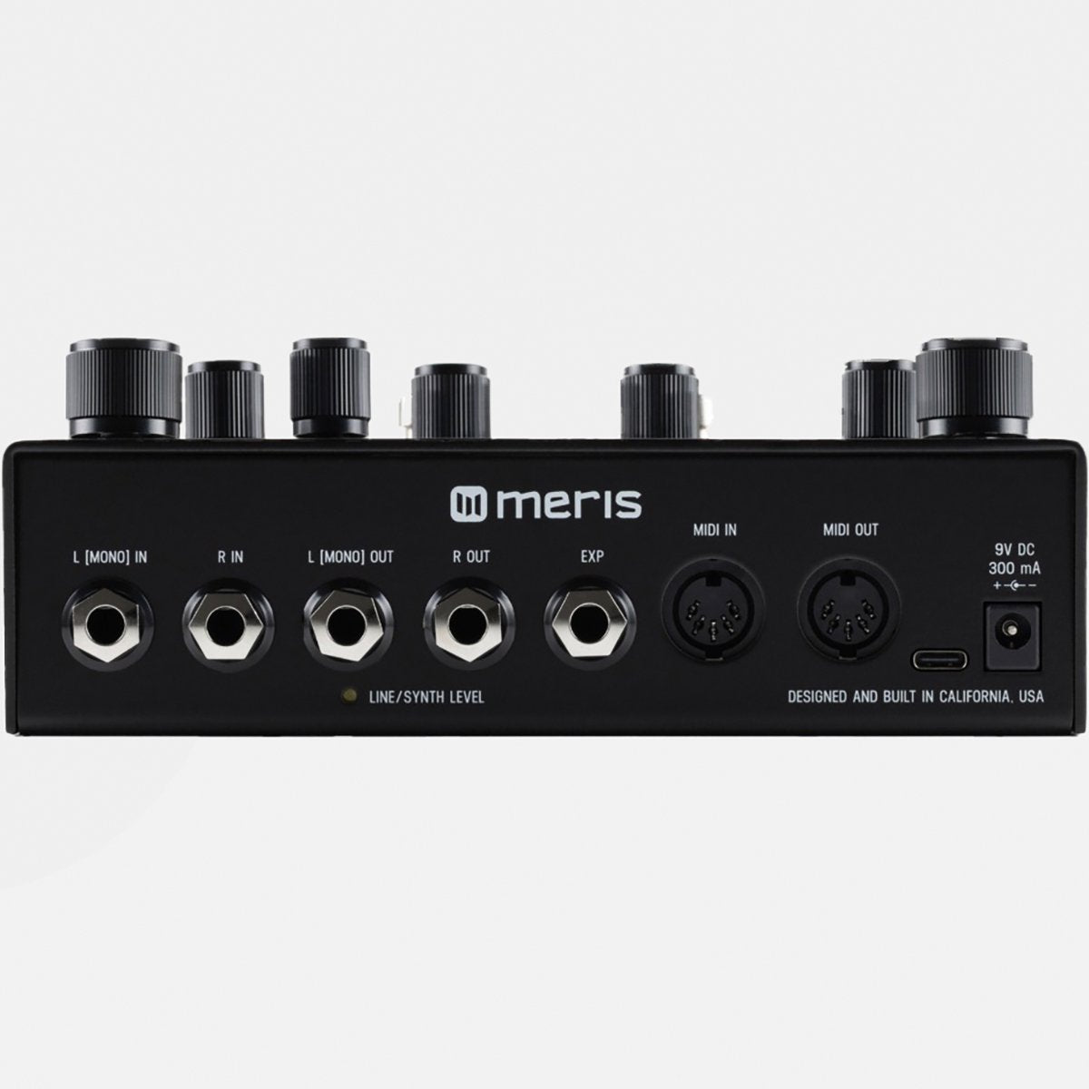 Meris Ottobit X bitcrusher pedal rear panel showing audio jacks, MIDI In/Out, and USB-C port