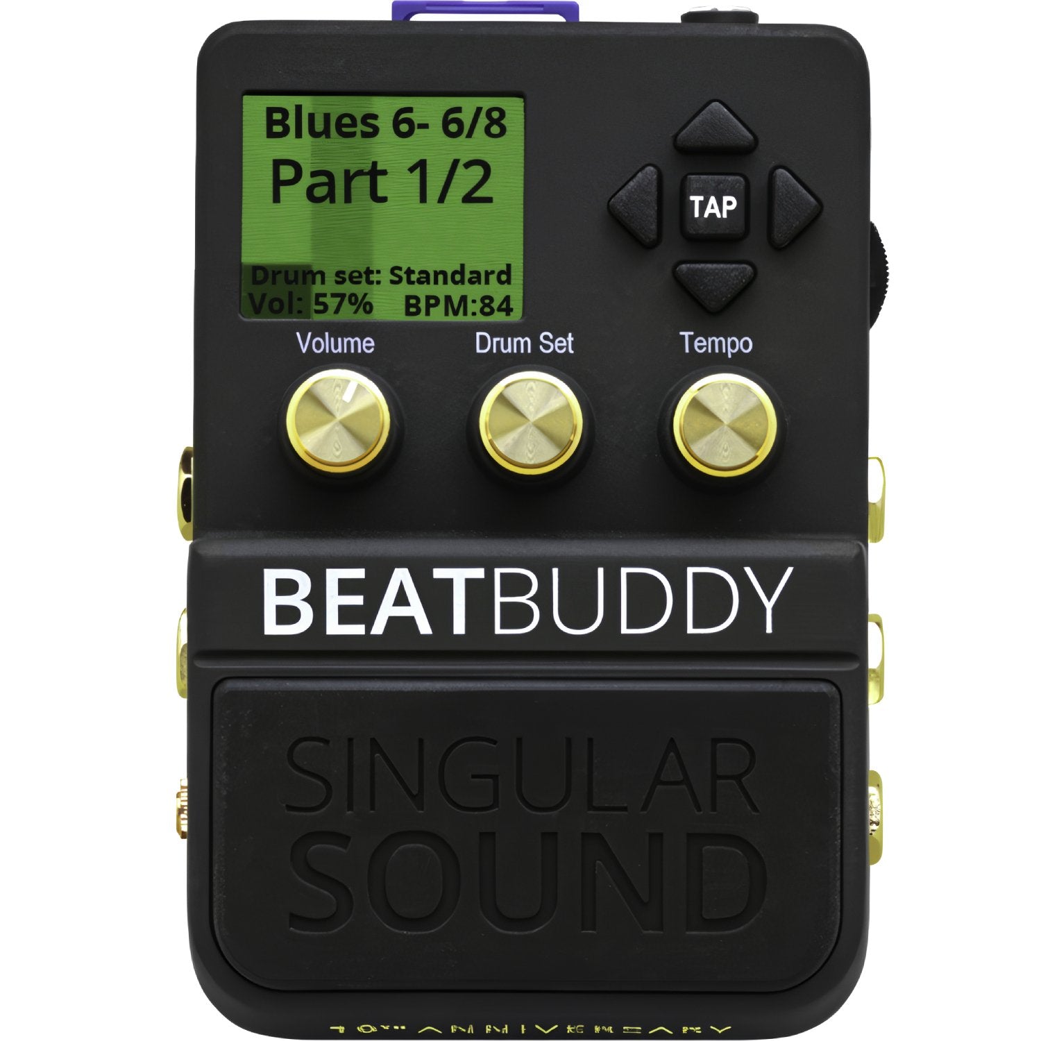 Singular Sound BeatBuddy 10th Anniversary Edition Drum Machine Pedal top-down view with black and gold matte finish, three knobs and D-pad TAP navigation