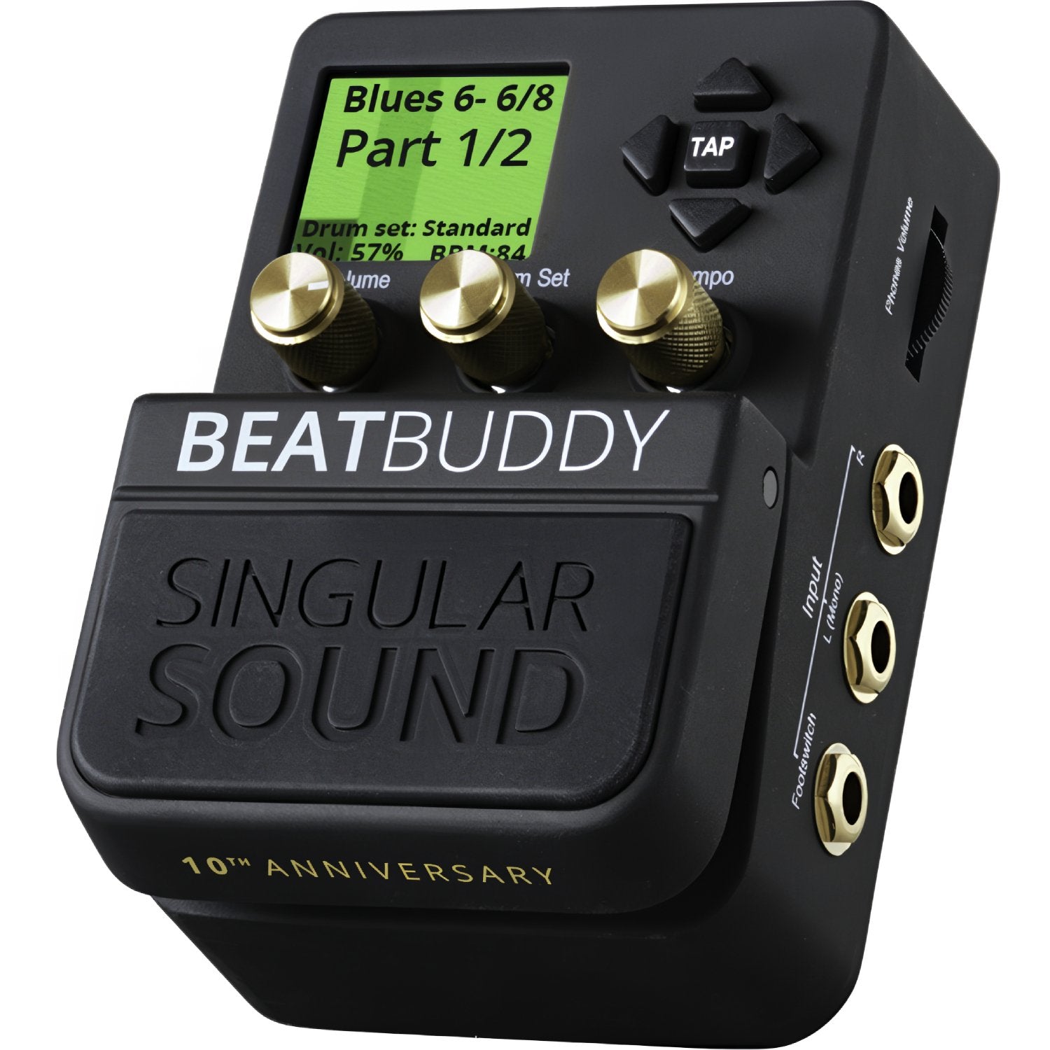 Singular Sound BeatBuddy 10th Anniversary side view showing 1/4-inch inputs and outputs