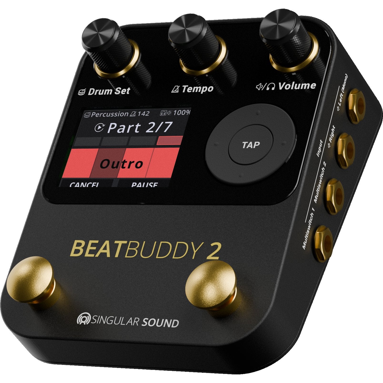Singular Sound BeatBuddy 2 rear panel showing 5-pin MIDI IN and OUT, headphone output and 9V DC power jack