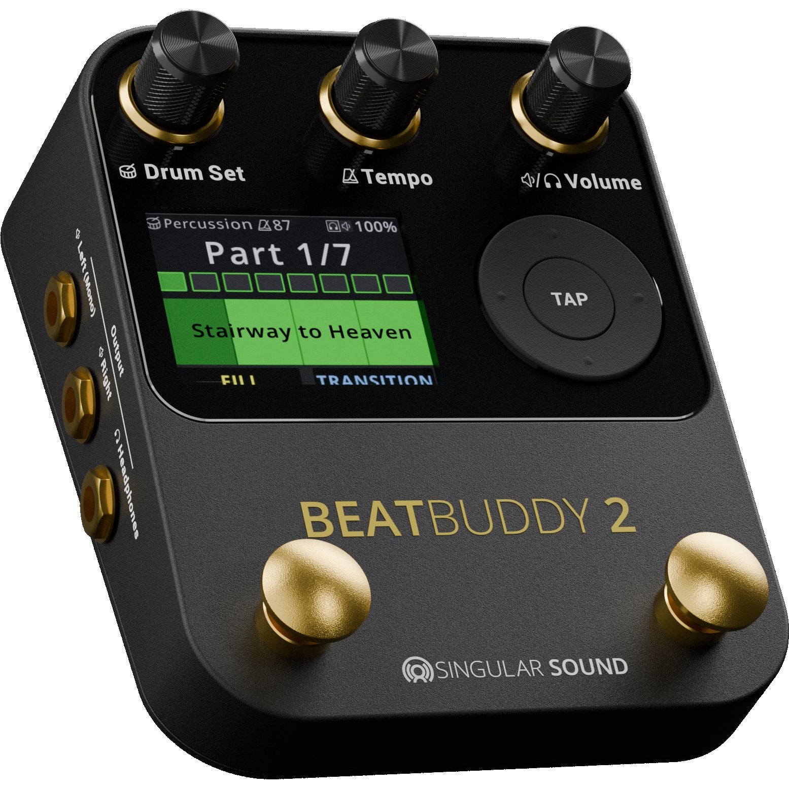 Singular Sound BeatBuddy 2 close-up of the 2.4-inch color display with Percussion drum kit, tempo 120, Part 4/7 Fill 1/3