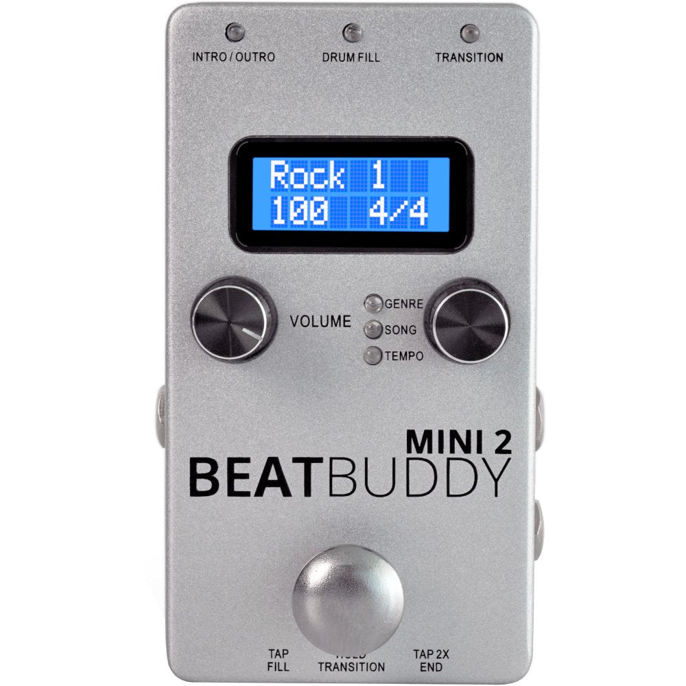 Singular Sound BeatBuddy Mini 2 Drum Machine Pedal top view showing display, Volume knob, Genre/Song/Tempo control and large footswitch