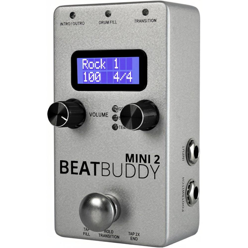 Singular Sound BeatBuddy Mini 2 side view showing 1/4-inch input and output jacks