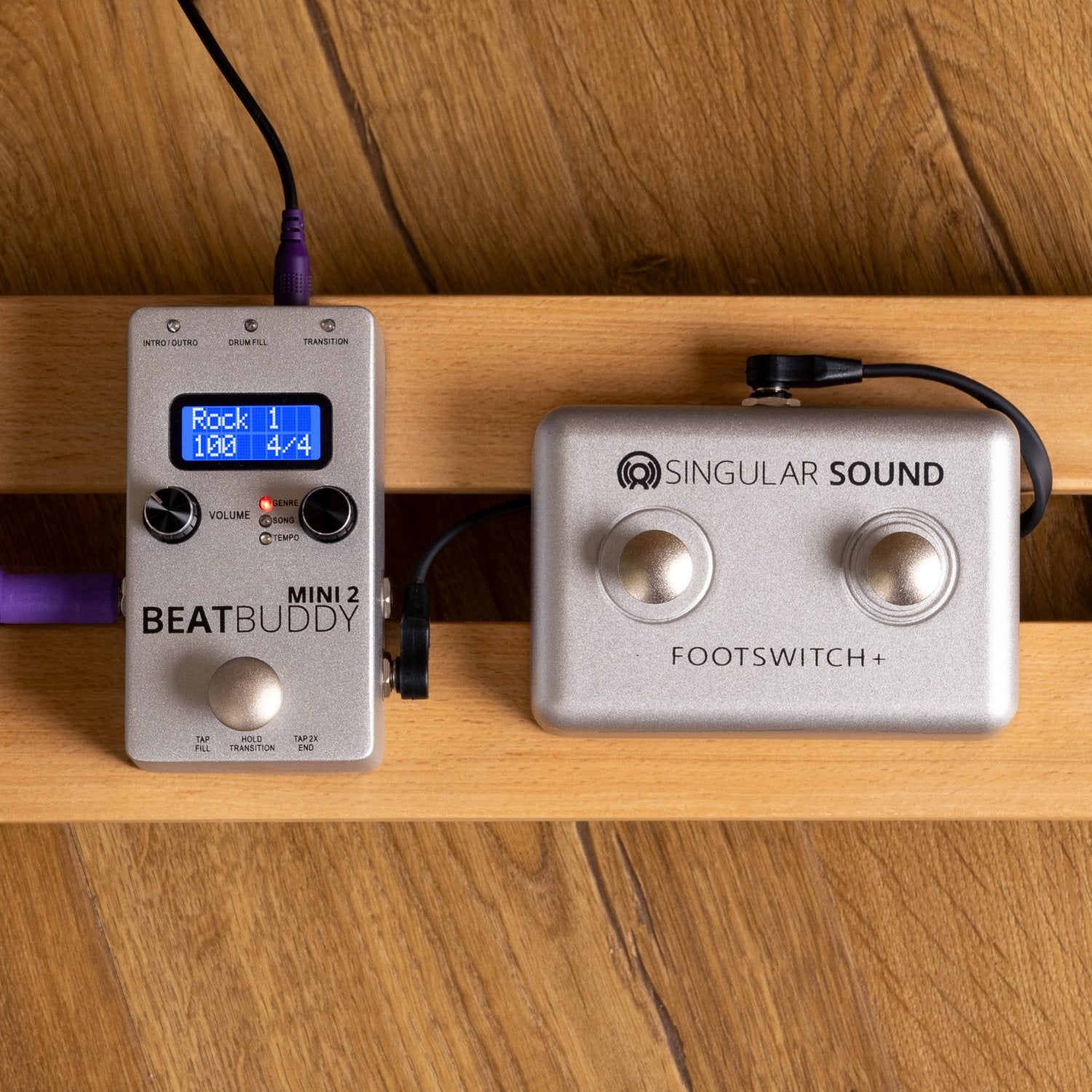 Singular Sound BeatBuddy Mini 2 shown on a pedalboard for scale