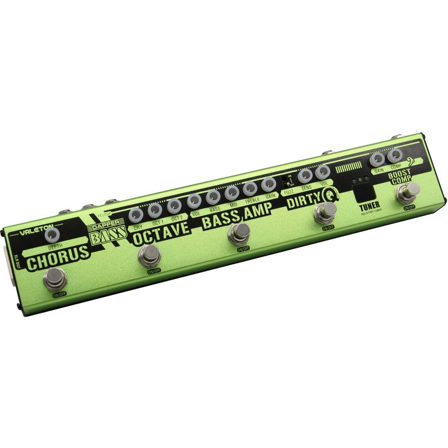 Valeton Dapper Bass strip angled top view showing full control layout and branding