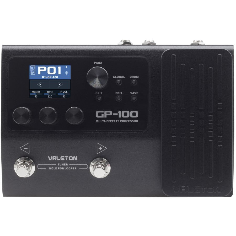 Valeton GP-100 multi-effects processor top view with OLED display and control knobs