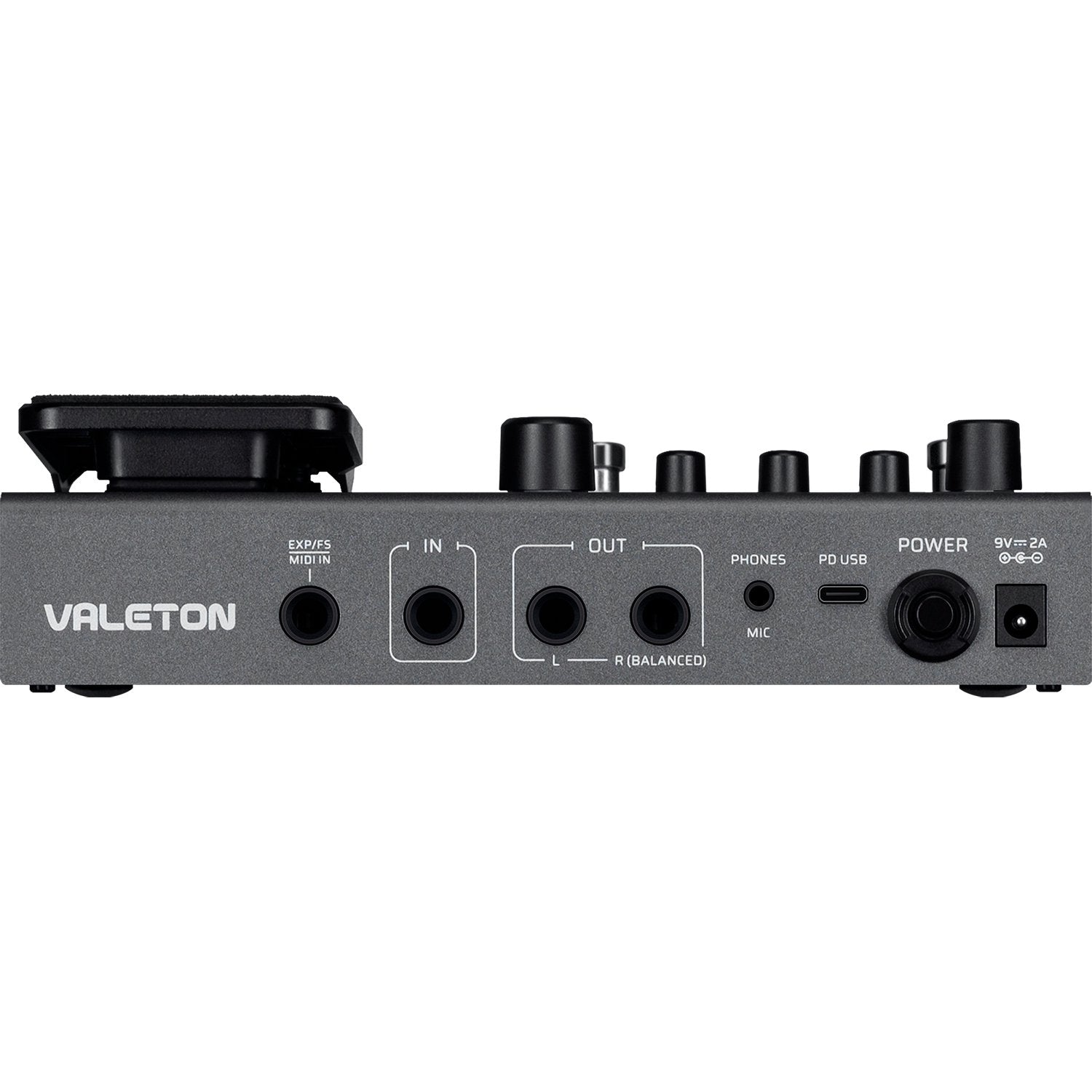 Close-up of Valeton GP-150 side panel showing input, output, USB and power jacks