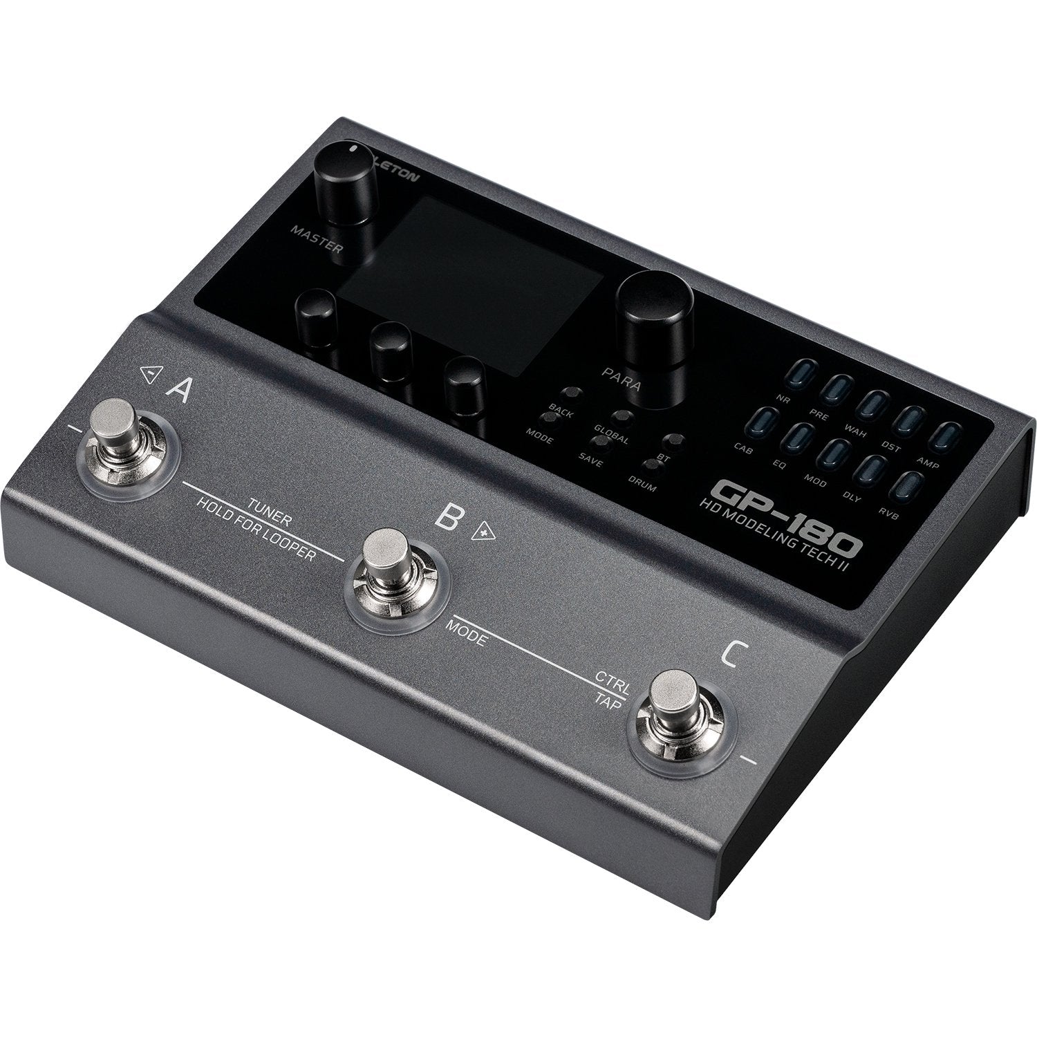 Valeton GP-180 angled three-quarter view with illuminated footswitches