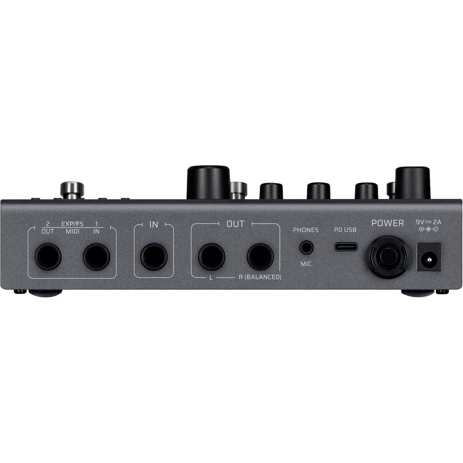 Close-up of Valeton GP-180 side panel showing input, output, USB and power jacks