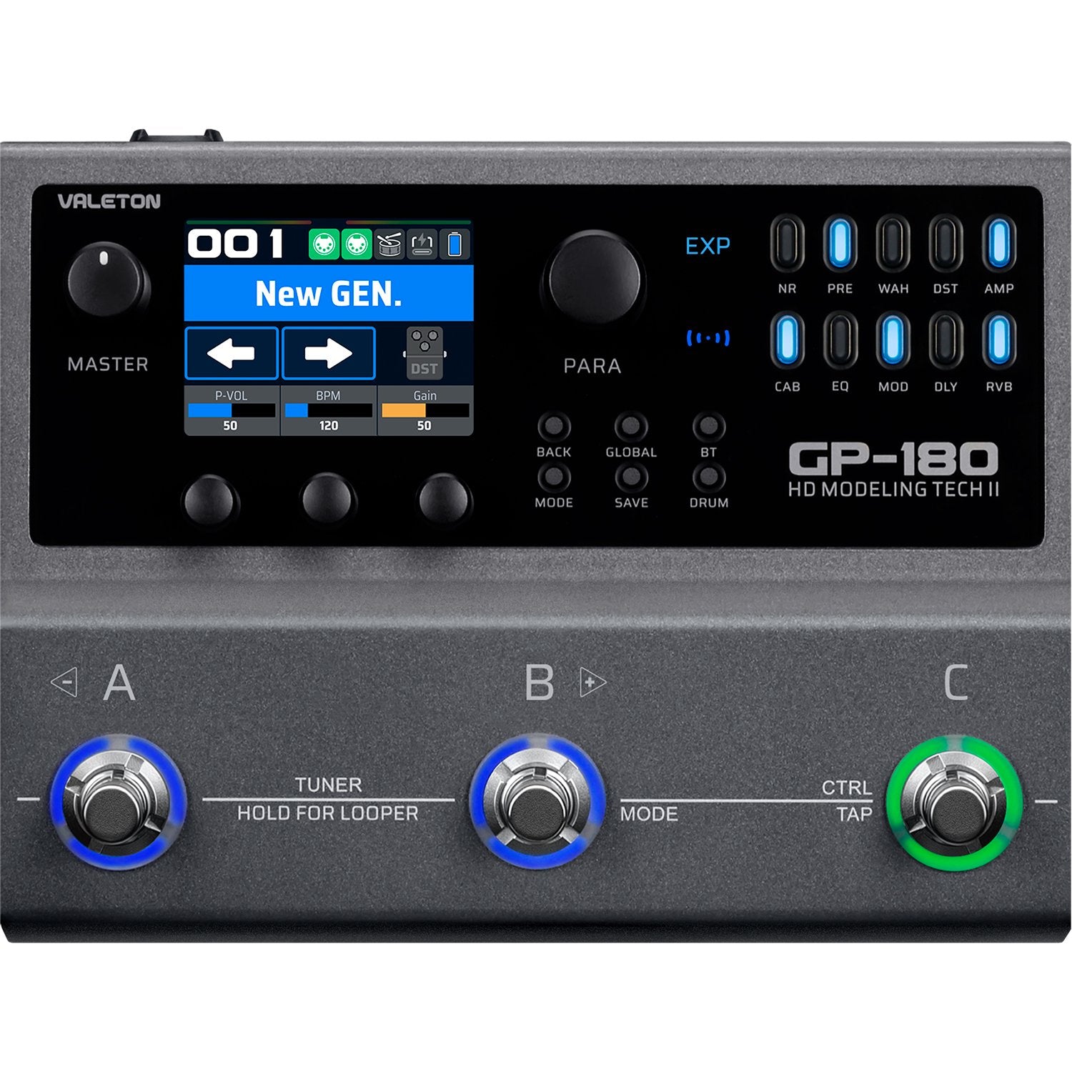 Valeton GP-180 multi-effects processor top view with color display and A/B/C footswitches