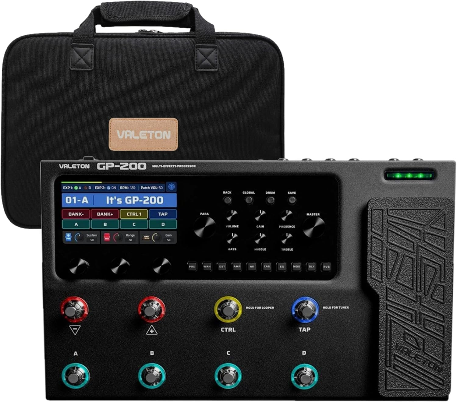 Valeton GP-200 black multi-effects processor bundled with included gig bag