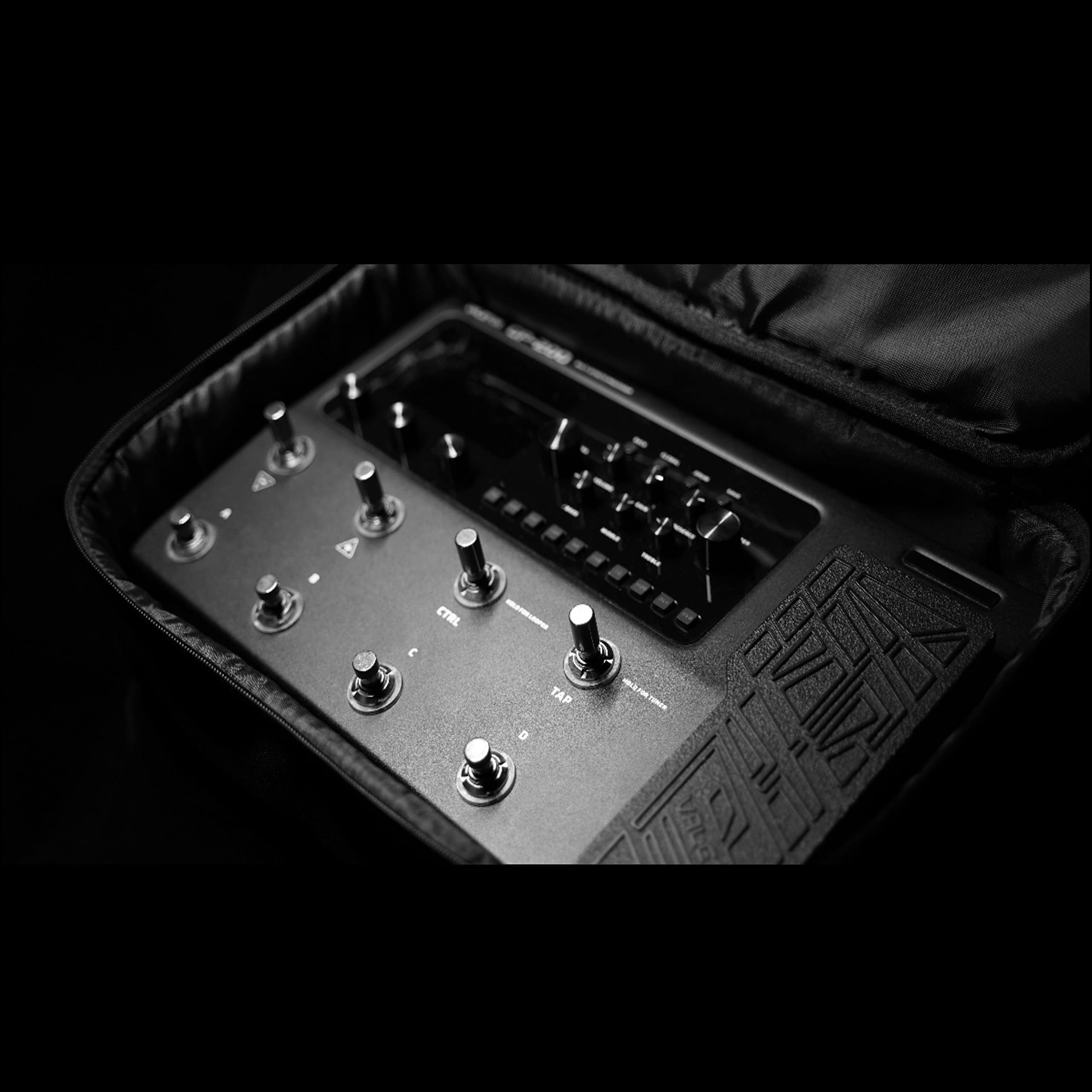 Valeton GP-200 processor packed inside the included gig bag, top view