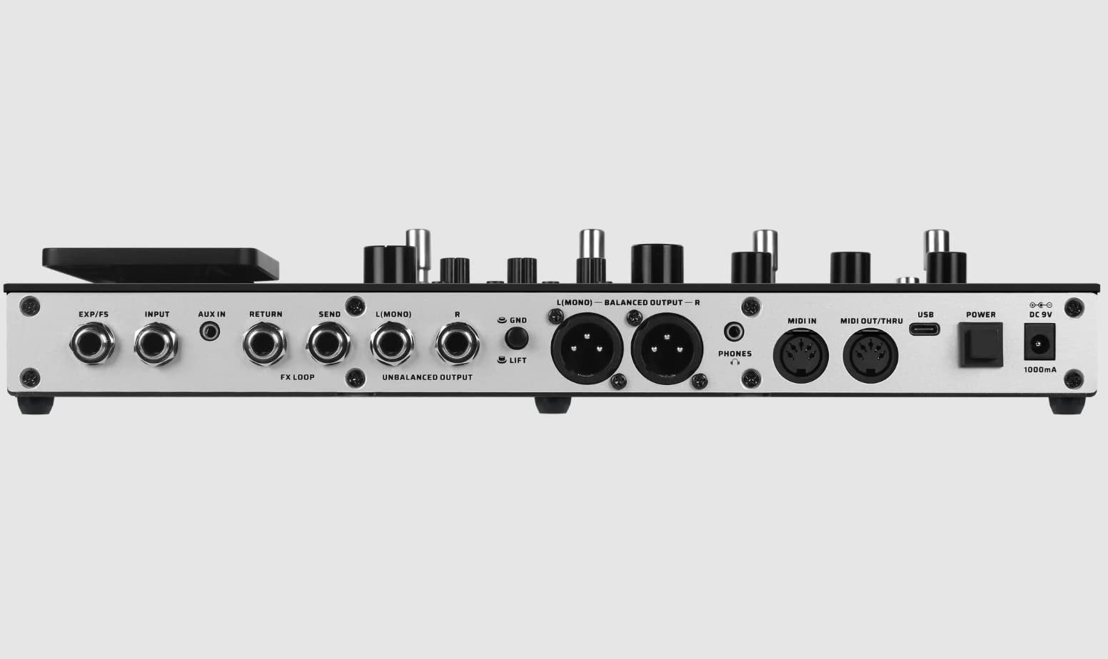 Valeton GP-200 rear panel showing input, output, XLR, USB and power jacks