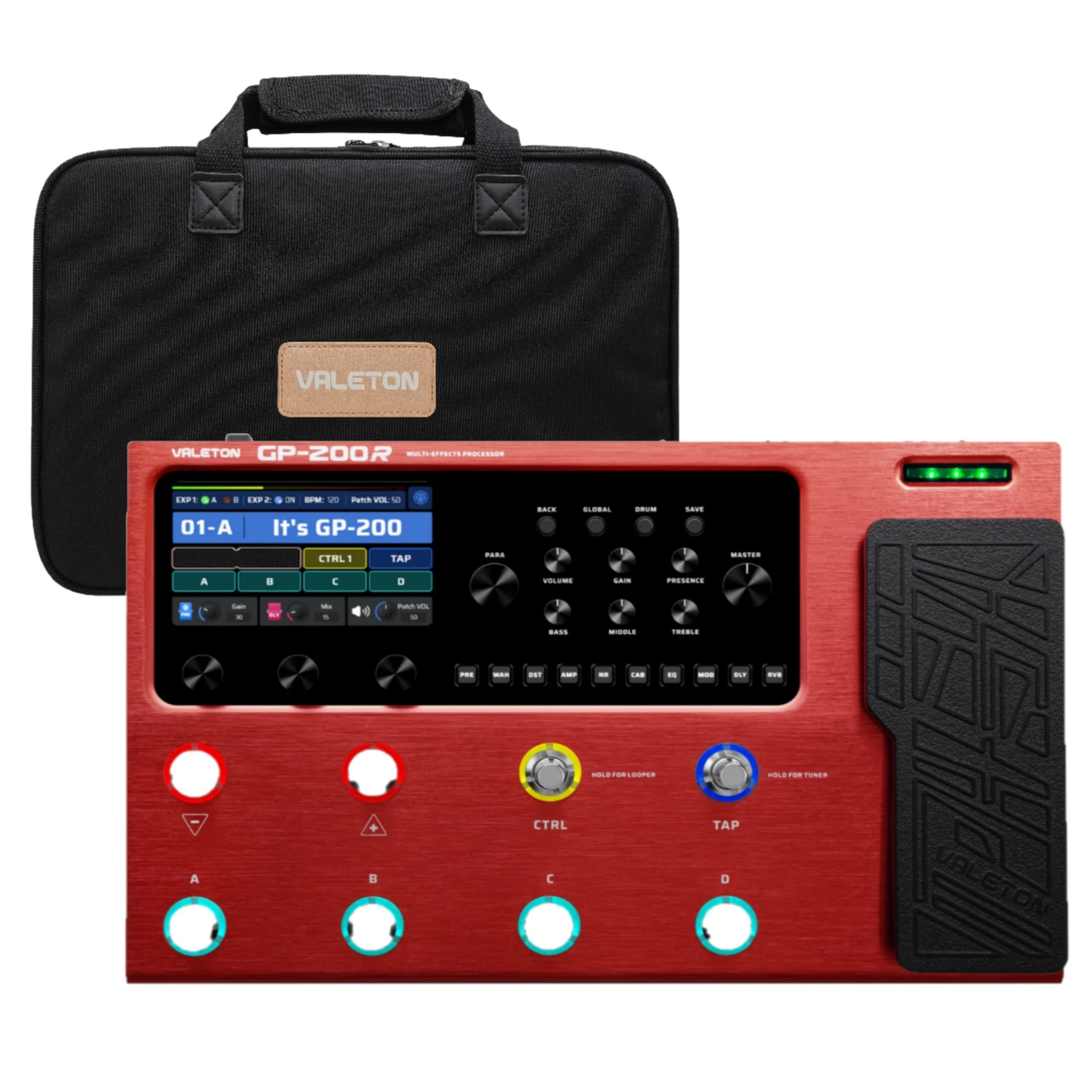 Valeton GP-200 red multi-effects processor bundled with included black gig bag