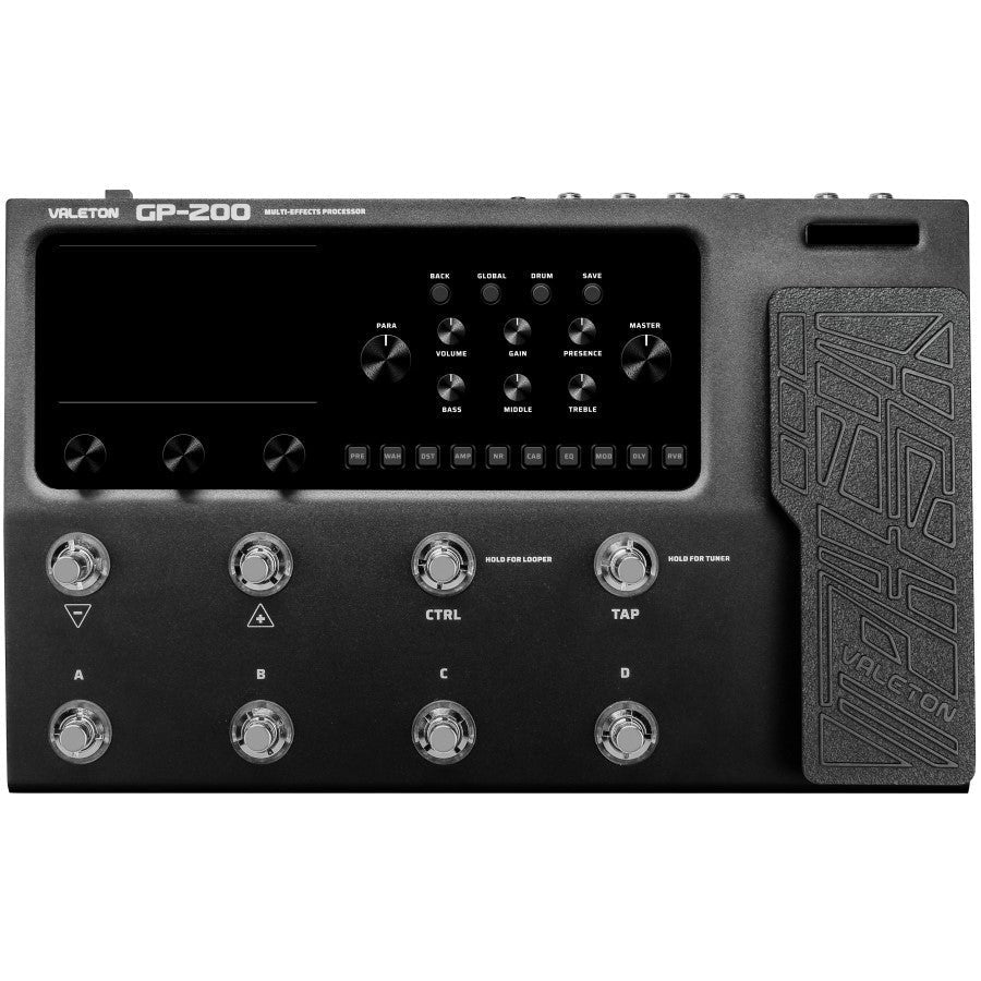 Valeton GP-200 processor top view showing control knobs and footswitches